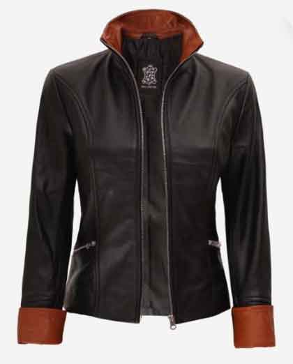 Womens Fitted Black Leather Jacket with Brown Detailing