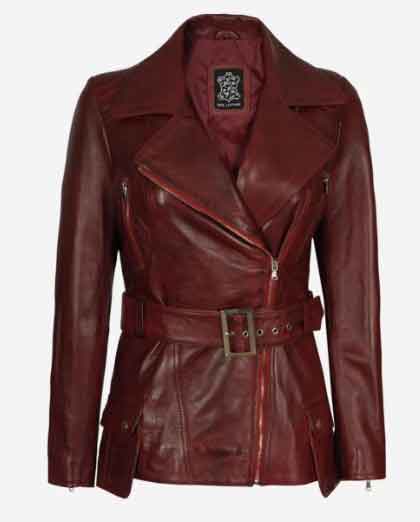 Womens Asymmetrical Belted Moto Biker Real Lambskin Maroon Leather Jacket