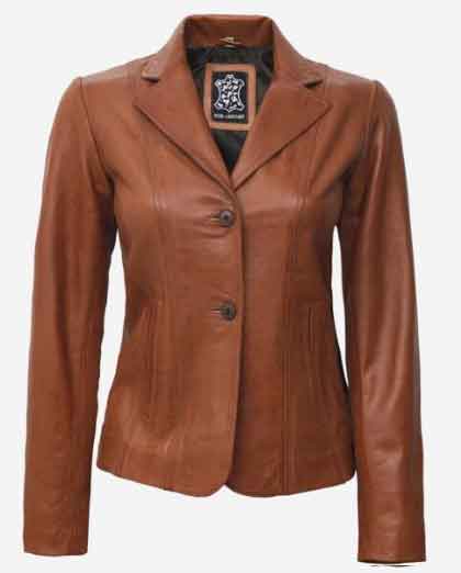 Womens Wide Lapel Two Button Tan Leather Blazer