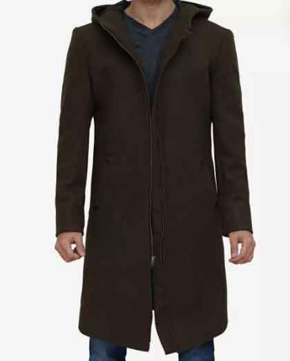 Mens Olive Wool Green Hooded Knee Length Coat