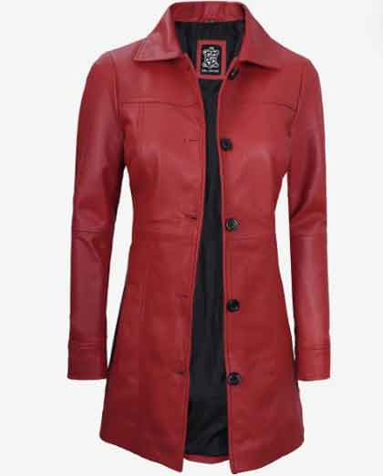 Women's Stylish Real Lambskin Red Leather Car Winter 3/4 Length Coat