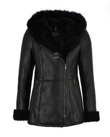 Ladies Sheepskin Shearling B3 Flying Black Genuine Fur Hoodie Jacket