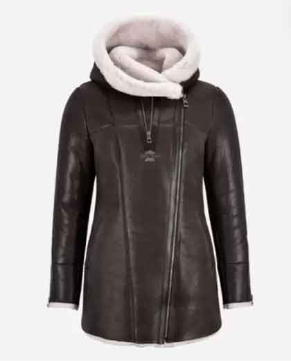 LADIES SHEEPSKIN REAL SHEARLING BEIGE FUR HOODED WINTERS JACKET