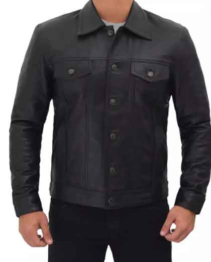 Men’s Stylish Fit Real Lambskin Black Leather Trucker Jacket