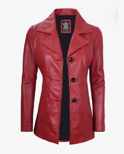 Women's Stylish Fit Real Lambskin Red Leather Three Button Blazer