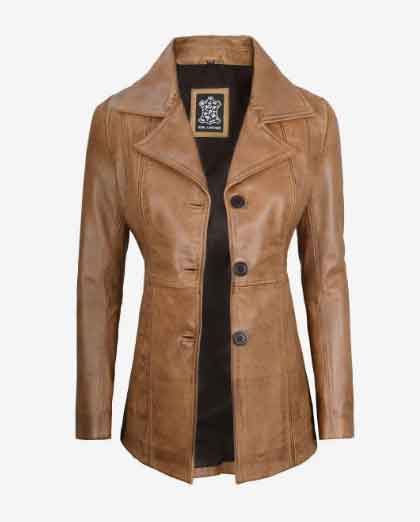 Women's Stylish Look Real Lambskin Camel Brown Leather Blazer