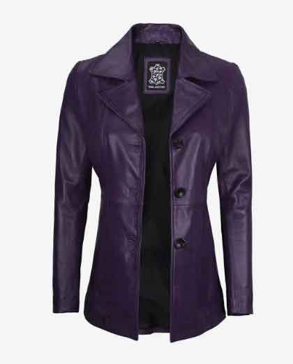 Women's Stylish Look Real Lambskin Purple Leather Three Button Blazer