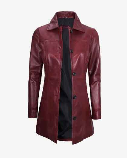 Womens Shirt Collar Real Lambskin Leather Winter Car Trench Long Coat