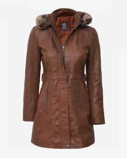 Women Brown Leather Coat With Fur Trim Removable Hood