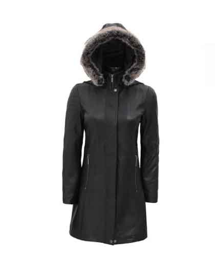 Jean Womens Black Leather Coat - Removable Fur Hood