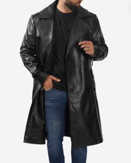 Augusta Double Breasted Black Lambskin Trench Leather Overcoat Mens