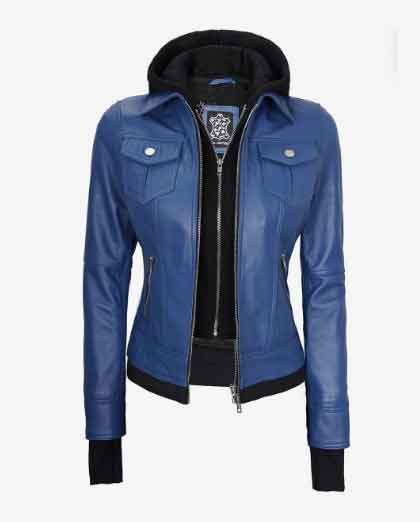 Womens Biker Real Lambskin Blue Bomber Removable Hood Leather Jacket