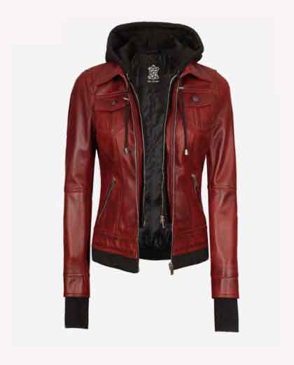 The Céleste Womens Maroon Bomber Jacket With Removable Hood