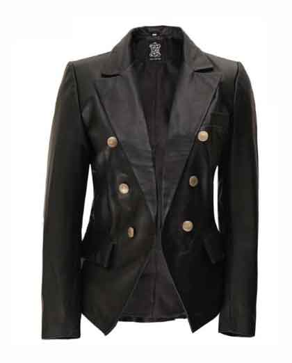 Kim Double Breasted Black Leather Blazer Women