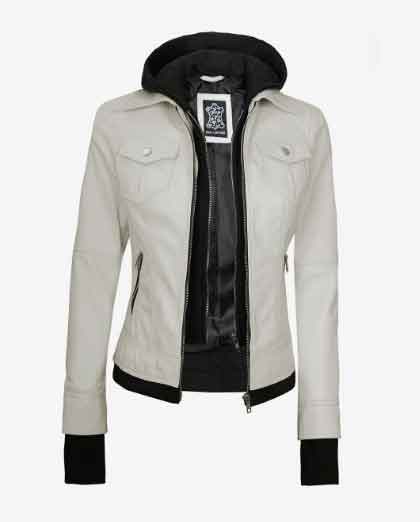 Womens Biker Bomber Hooded Real Labskin Leather Jacket - Image 2