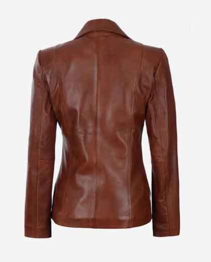 Womens Two Button Cognac Leather Blazer - Image 2