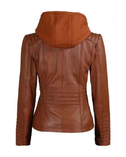 Helen Womens Tan Leather Jacket with Removable Hood - Image 2