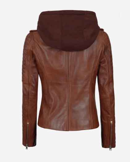 Bagheria Cognac Womens Leather Jacket with Hood - Image 2