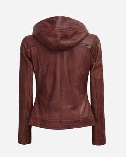Georgetta Womens Asymmetrical Brown Leather Jacket with Hood - Image 2