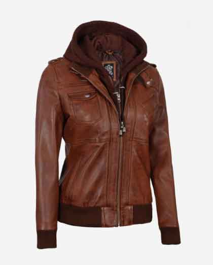 Womens Cognac Leather Bomber Jacket With Removable Hood - Image 2