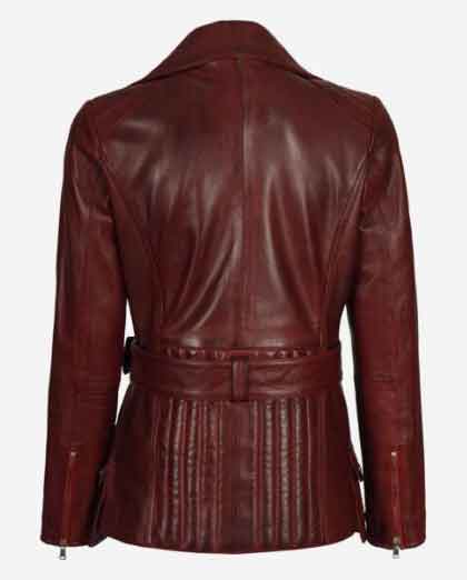 Womens Asymmetrical Belted Moto Biker Real Lambskin Maroon Leather Jacket - Image 2