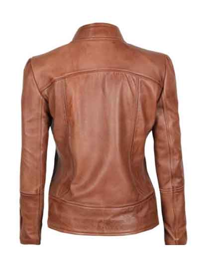 Amy Womens Tan Cafe Racer Premium Quality Leather Jacket - Image 2