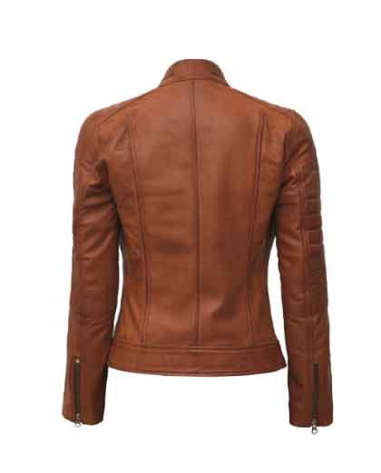 Women's Moto Biker Cafe Racer Tan Leather Jacket - Image 2