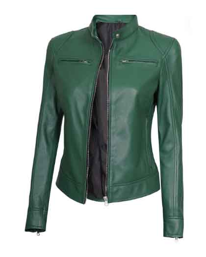 Dodge Women's Leather Motorcycle Cafe Racer Jacket - Image 2