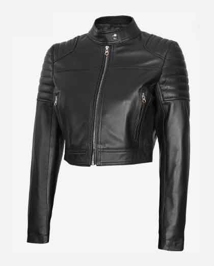 Womens Black Cropped Leather Cafe Racer Jacket - Image 2