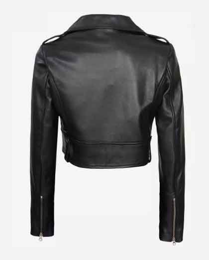 Womens Asymmetrical Black Cropped Leather Jacket - Image 2