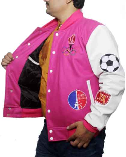 Paris 2024 France Olympics Pink Wool & White Leather Varsity Jacket For Men & Women - Image 2