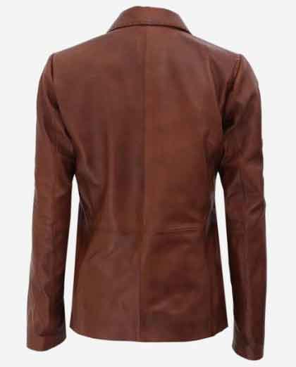 Brown Notch Lapel Two Button Womens Leather Blazer Jacket - Image 2
