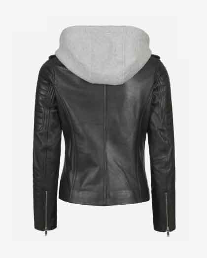 Bagheria Black Womens Leather Jacket with Hood - Image 2