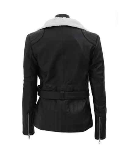 Women's Black Leather Shearling Moto Jacket - Image 2