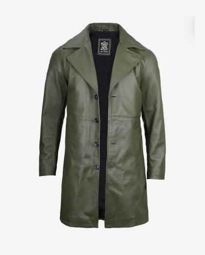 Mens Real Lambskin Waxed Leather Car Trench Long Coat - Image 2