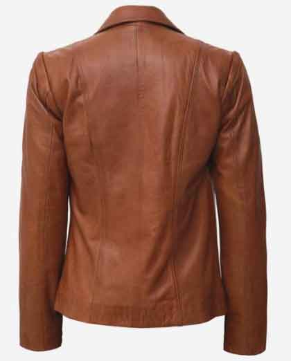 Womens Wide Lapel Two Button Tan Leather Blazer - Image 2