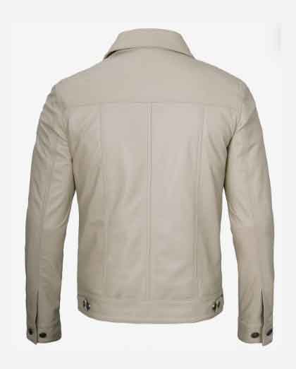 Mens Real Beige Leather Trucker Jacket - Image 2