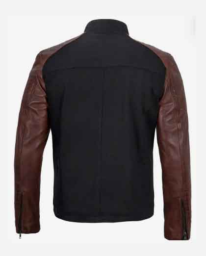 Men's Stylish Outwear Cafe Racer Black Cotton & Brown Leather Jacket - Image 2