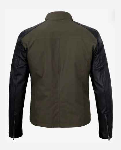 Men's Stylish Outwear Cafe Racer Green Cotton and Black Leather Jacket - Image 2