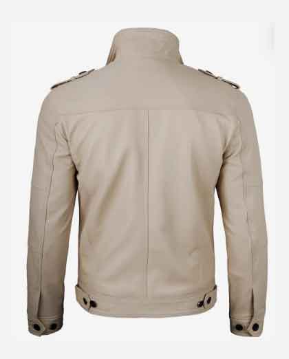 Mens Biker Real Lambskin Beige Trucker Leather Jacket - Image 2