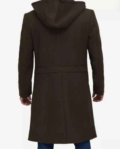 Mens Olive Wool Green Hooded Knee Length Coat - Image 2