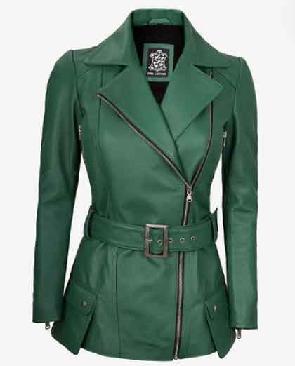 Women's Slim Fit Asymmetrical Design Moto Biker Belted Leather Jacket - Image 2