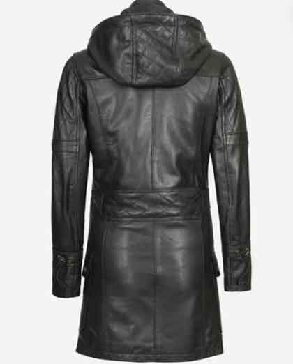 Black Hooded Leather 3 4 Length Coat Womens - Image 2