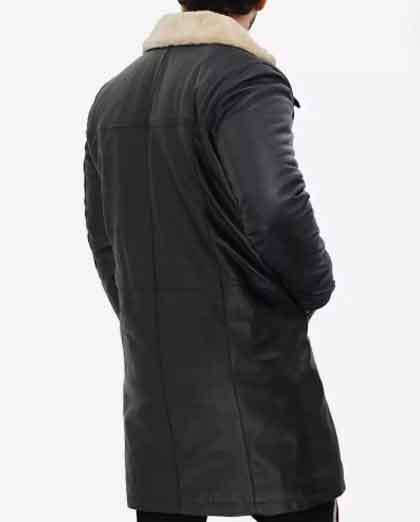 Men's Stylish Black Leather 3/4 Length Shearling Coat - Image 2