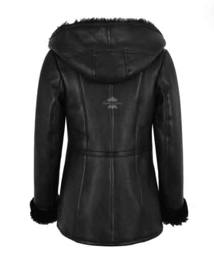 Ladies Sheepskin Shearling B3 Flying Black Genuine Fur Hoodie Jacket - Image 2