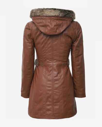 Women Brown Leather Coat With Fur Trim Removable Hood - Image 2
