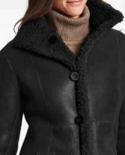 Maura Black Leather Long Shearling Coat for Women - Image 2
