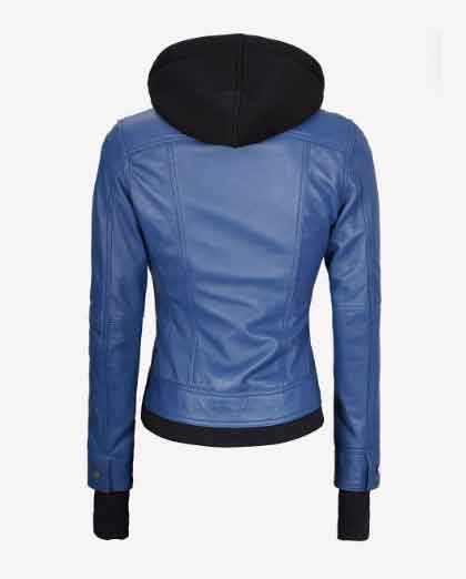 Womens Biker Real Lambskin Blue Bomber Removable Hood Leather Jacket - Image 2