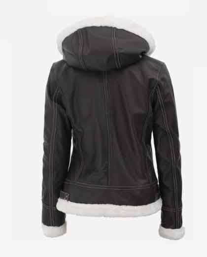 Mary B3 Hooded Bomber Brown Shearling Leather Jacket Womens - Image 2