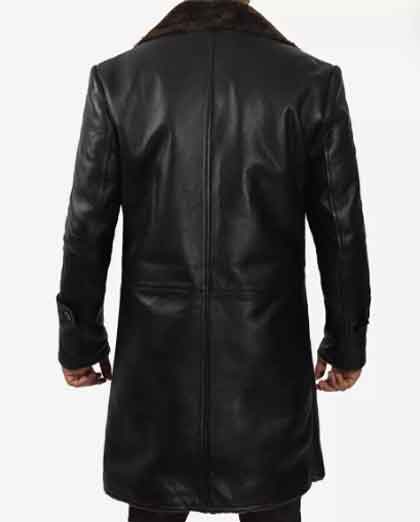Men's Shearling Lined Black Leather 3/4 Length Trench Coat - Image 2